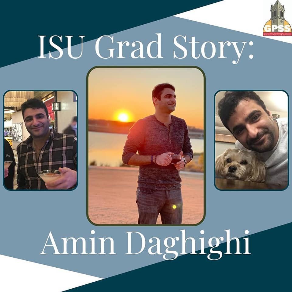 Three photos of Amin Daghighi, a Construction Engineering student. The left most photo is of him holding a beverage, the middle photo is of him with a sunset in the background, and the right photo is a selfie of him and a dog.